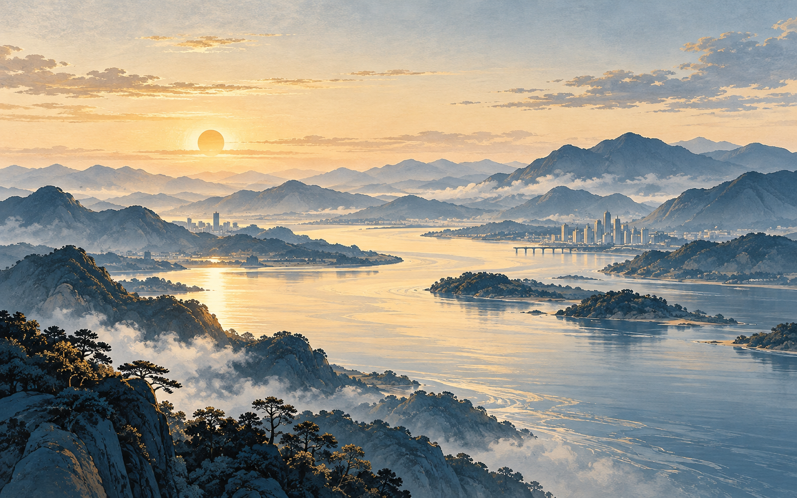 Editorial illustration of a Fujian-inspired river landscape